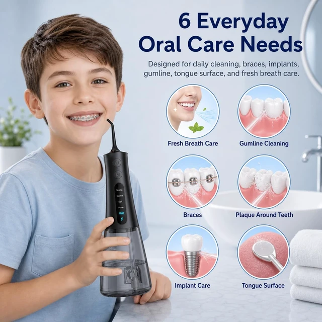 Alt view image 7 of 7 - Cordless Water Dental Flosser for Teeth, 300ML Portable Oral Irrigator with OLED Display and Child Mode, 5 Pressure Settings, 6 Tips, USB-C, IPX7 Waterproof, Braces and Family Care, Black