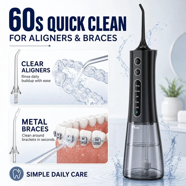 Alt view image 2 of 7 - Cordless Water Dental Flosser for Teeth, 300ML Portable Oral Irrigator with OLED Display and Child Mode, 5 Pressure Settings, 6 Tips, USB-C, IPX7 Waterproof, Braces and Family Care, Black