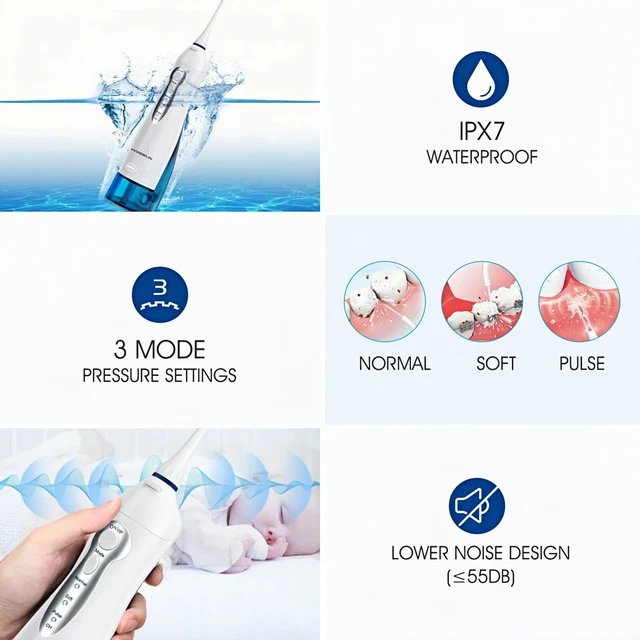Alt view image 4 of 7 - Water Flosser Cordless Oral Irrigator Rechargeable Dental Water Jet HOC700 for Teeth Braces with 300ML Water Tank and 4 Jet Tips for Travel & Home Use