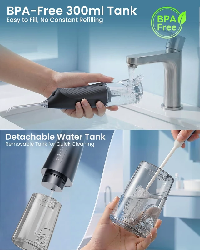 Alt view image 4 of 7 - Portable Water Flosser with 3 Settings, 5 Tips for Daily Oral Care | Rechargeable Cordless Oral Irrigator for Orthodontic & Sensitive Gums, Cordless for Home and Travel Use,300ML Larger Tank