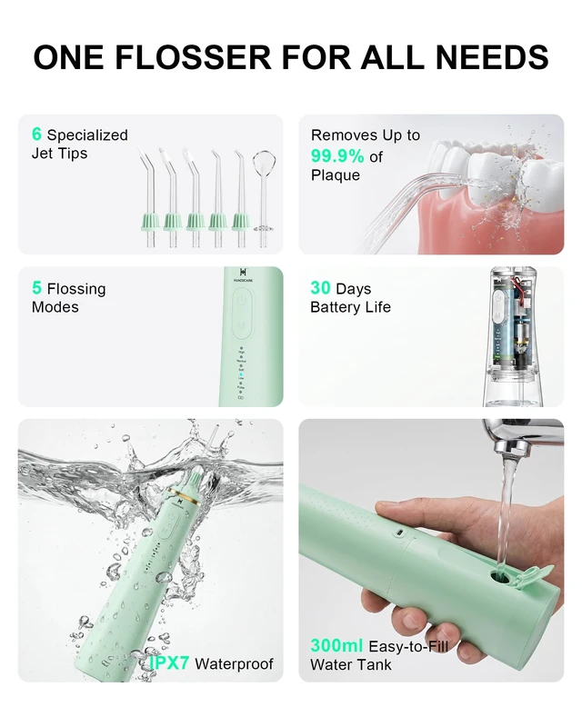 Alt view image 2 of 7 - Upgraded Water Flosser 300ml Large Tank, 5 Modes Professional Cordless Oral Irrigator, High-Pressure Pulse Water Dental Cleaner for Home & Travel, Remove Plaque, Healthy Gums (Green)