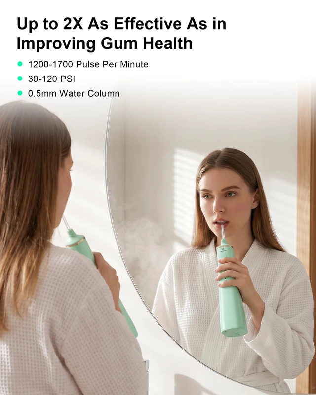 Alt view image 6 of 7 - Upgraded Water Flosser 300ml Large Tank, 5 Modes Professional Cordless Oral Irrigator, High-Pressure Pulse Water Dental Cleaner for Home & Travel, Remove Plaque, Healthy Gums (Green)