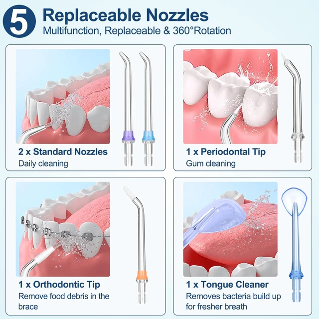 Alt view image 6 of 6 - Dental Flosser with 5 Modes, Cordless Travel Dental Flosser, Rechargable, Long Lasting Battery, 300ml Water Tank, Travel Friendly. FDA Accepted.