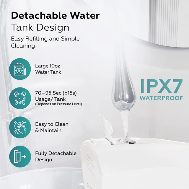 Alt view image 4 of 7 - Cordless Water Flosser, 10-150 PSI, 5 Modes, IPX7, 8 Tips | 5 Cleaning Modes, 10oz Tank, 1,200-1,800 Pulses/Min, 2500mAh USB-C Rechargeable, IPX7 Waterproof, 8 Jet Tips, Whisper-Quiet