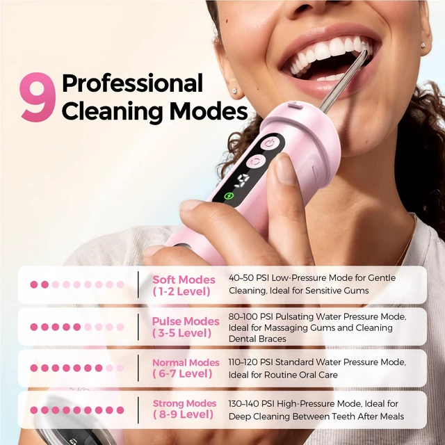 Alt view image 4 of 7 - Mini Water Flosser for Travel, 9 Pressure Settings & 90-Days Battery | Telescopic Wide-Mouth Water Tank, IPX7 Waterproof Portable Water Dental Pick Cordless for Braces, Sensitive Teeth, Pink