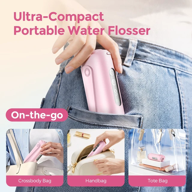 Alt view image 3 of 7 - Mini Water Flosser for Travel, 9 Pressure Settings & 90-Days Battery | Telescopic Wide-Mouth Water Tank, IPX7 Waterproof Portable Water Dental Pick Cordless for Braces, Sensitive Teeth, Pink