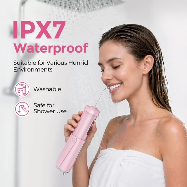 Alt view image 7 of 7 - Mini Water Flosser for Travel, 9 Pressure Settings & 90-Days Battery | Telescopic Wide-Mouth Water Tank, IPX7 Waterproof Portable Water Dental Pick Cordless for Braces, Sensitive Teeth, Pink