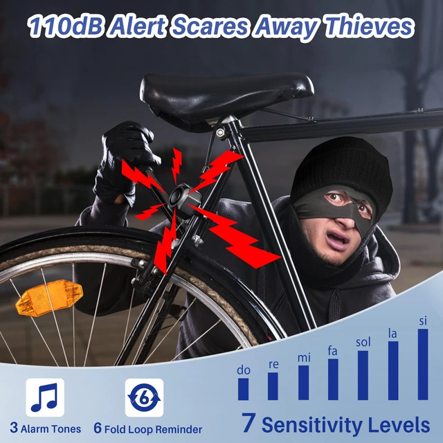 Alt view image 3 of 6 - 110dB Bike Alarm with Seatpost Bracket, USB-C Recharge with Remote | 3 Ringtone & 3 Volume & 7 Sensitivity Adjustable, IP65 Waterproof, 229FT Wireless Range, Anti-Theft Vibration, 2 Pack