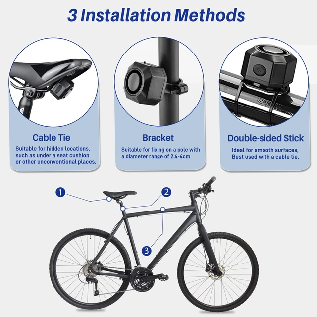 Alt view image 4 of 6 - 110dB Bike Alarm with Seatpost Bracket, USB-C Recharge with Remote | 3 Ringtone & 3 Volume & 7 Sensitivity Adjustable, IP65 Waterproof, 229FT Wireless Range, Anti-Theft Vibration, 2 Pack