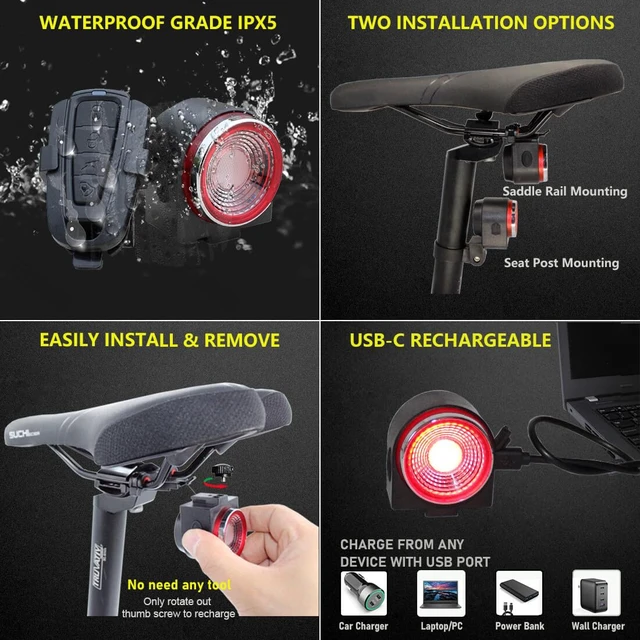 Alt view image 6 of 6 - Smart Bike Tail Light: USB Rechargeable Rear Bicycle Brake Light High Lumen Safety Red Led Cycling Taillight (Classic Alarm Brake Light)