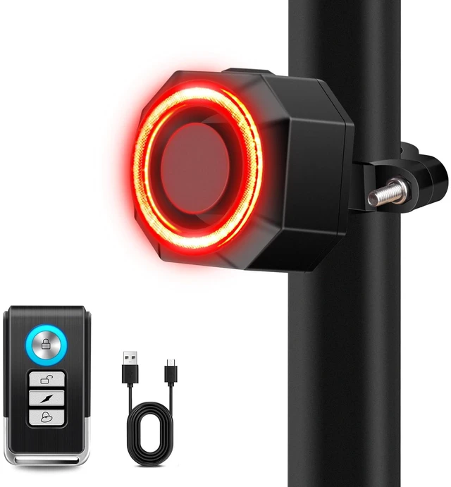 Main image of 110dB Bike Alarm with 160 LM Rear Light, USB-C Recharge with Remote | 3 Ringtone & 3 Volume & 7 Sensitivity, 4 Lighting Mode, Auto ON/OFF Smart Brake Light, IP65 Waterproof, Anti-Theft Vibration
