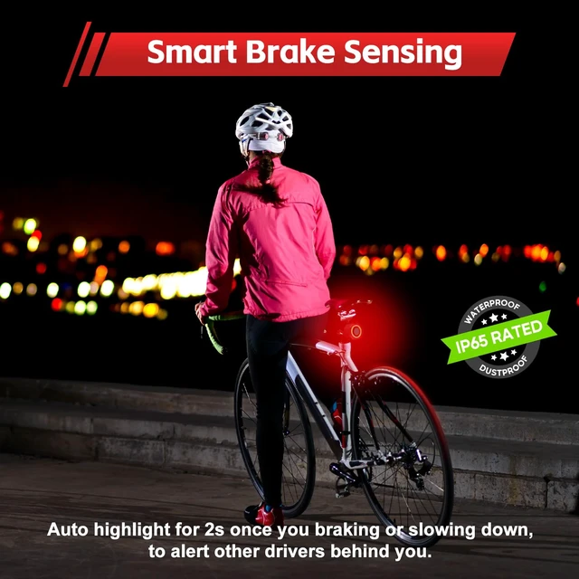 Alt view image 3 of 7 - 110dB Bike Alarm with 160 LM Rear Light, USB-C Recharge with Remote | 3 Ringtone & 3 Volume & 7 Sensitivity, 4 Lighting Mode, Auto ON/OFF Smart Brake Light, IP65 Waterproof, Anti-Theft Vibration