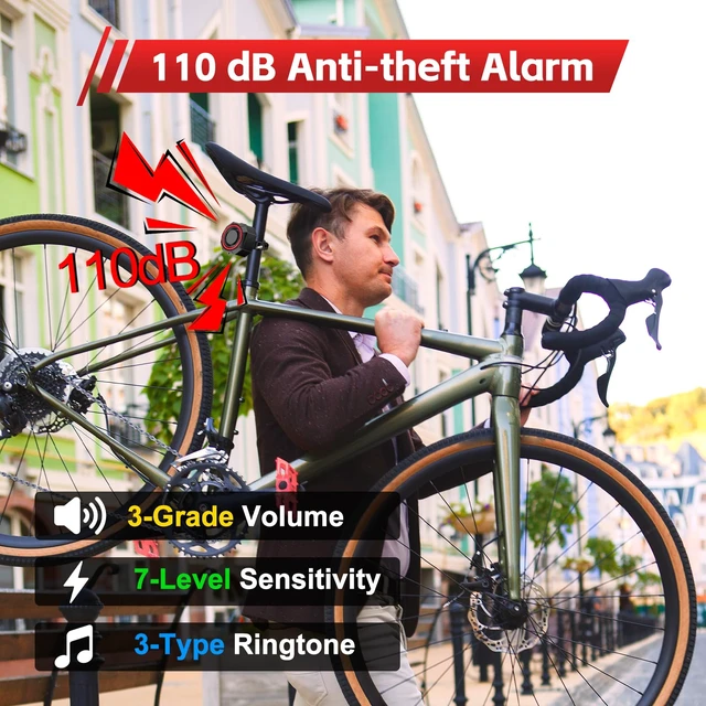 Alt view image 4 of 7 - 110dB Bike Alarm with 160 LM Rear Light, USB-C Recharge with Remote | 3 Ringtone & 3 Volume & 7 Sensitivity, 4 Lighting Mode, Auto ON/OFF Smart Brake Light, IP65 Waterproof, Anti-Theft Vibration