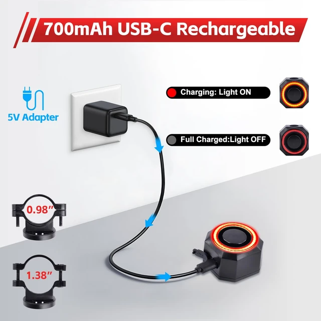 Alt view image 7 of 7 - 110dB Bike Alarm with 160 LM Rear Light, USB-C Recharge with Remote | 3 Ringtone & 3 Volume & 7 Sensitivity, 4 Lighting Mode, Auto ON/OFF Smart Brake Light, IP65 Waterproof, Anti-Theft Vibration
