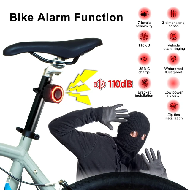 Alt view image 2 of 7 - 110 dB Bike Alarm with Smart Tail Light, Anti Theft Bicycle Alarm with Remote, Rear Bike Light USB Rechargeable, 4 Light Modes Bicycle Tail Lights Waterproof Cycling Brake Light