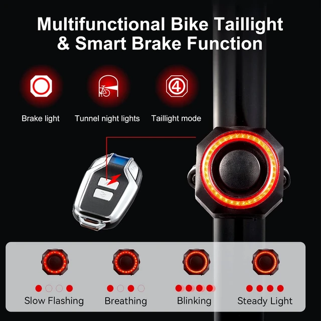 Alt view image 4 of 7 - 110 dB Bike Alarm with Smart Tail Light, Anti Theft Bicycle Alarm with Remote, Rear Bike Light USB Rechargeable, 4 Light Modes Bicycle Tail Lights Waterproof Cycling Brake Light