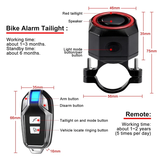 Alt view image 7 of 7 - 110 dB Bike Alarm with Smart Tail Light, Anti Theft Bicycle Alarm with Remote, Rear Bike Light USB Rechargeable, 4 Light Modes Bicycle Tail Lights Waterproof Cycling Brake Light