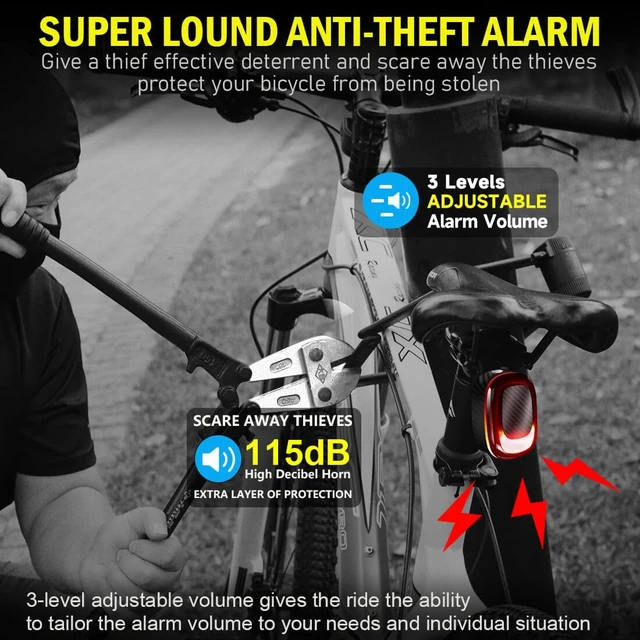 Alt view image 3 of 6 - Alarm Bike Tail Light: Wireless Remote Bicycle Rear Light USB-C Rechargeable Smart Motion Anti Theft Taillight with Loud Horn Red Led Flashing Lights Waterproof High Lumen Cycling Back Light