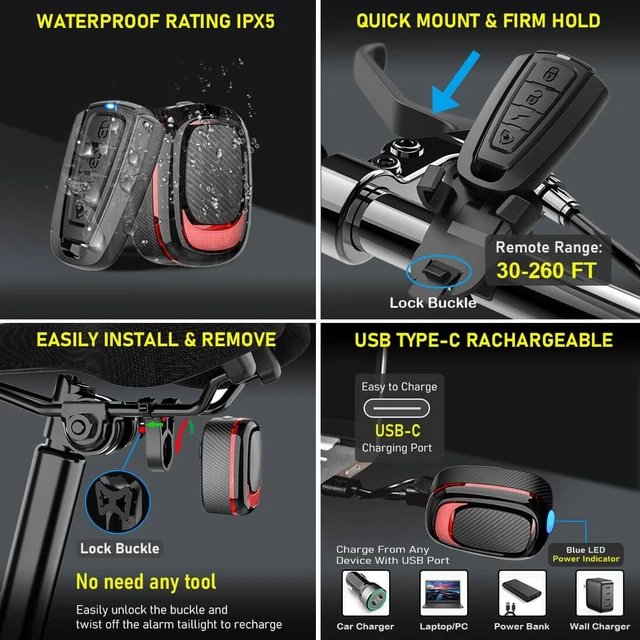 Alt view image 6 of 6 - Alarm Bike Tail Light: Wireless Remote Bicycle Rear Light USB-C Rechargeable Smart Motion Anti Theft Taillight with Loud Horn Red Led Flashing Lights Waterproof High Lumen Cycling Back Light