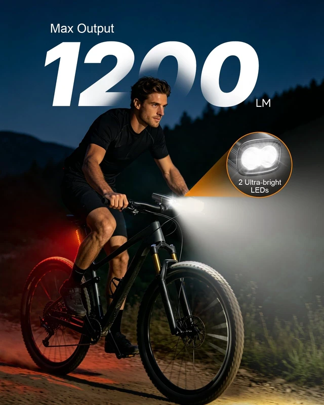 Alt view image 2 of 7 - 1200LM Bike Lights for Night Riding with 2 Ultra Bright LED, 3+5 Modes Bicycle Lights Front and Rear, IP65 Waterproof & 2600mAh Rechargeable Bike Light for Cycling Electronics