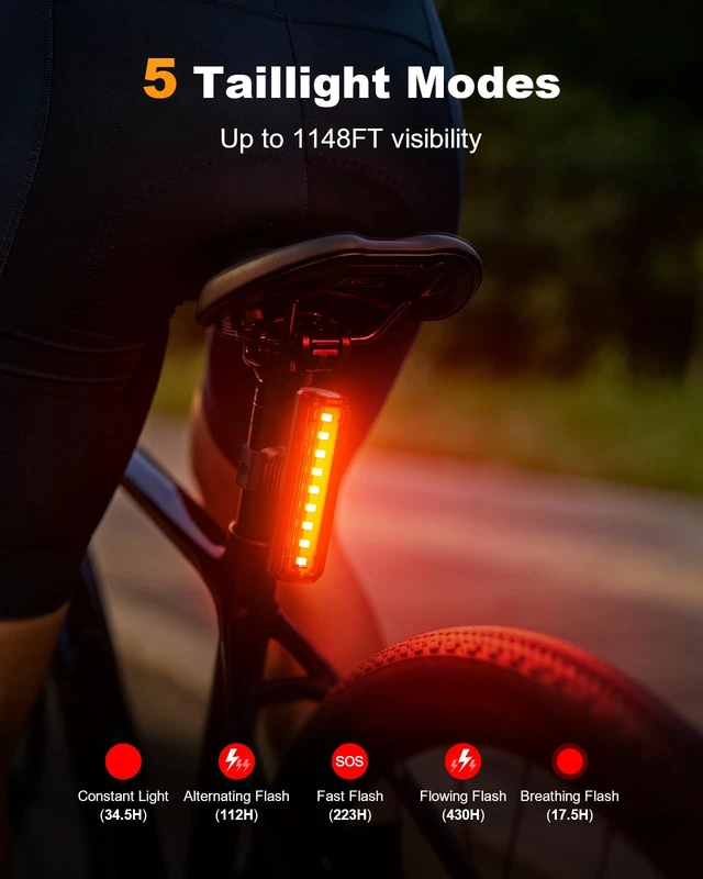 Alt view image 4 of 7 - 1200LM Bike Lights for Night Riding with 2 Ultra Bright LED, 3+5 Modes Bicycle Lights Front and Rear, IP65 Waterproof & 2600mAh Rechargeable Bike Light for Cycling Electronics