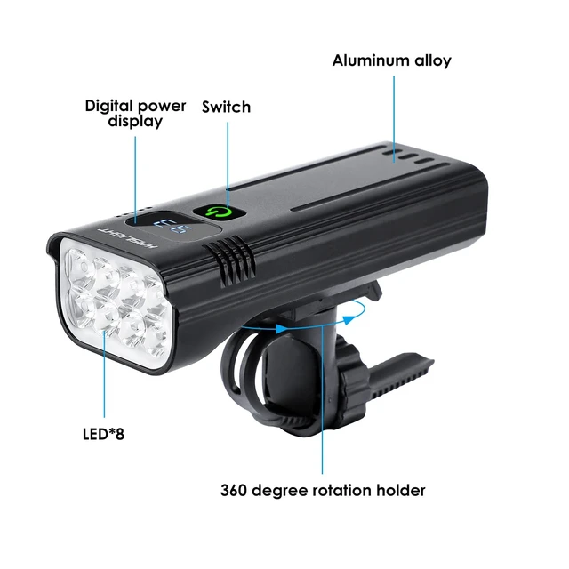 Alt view image 2 of 7 - 10000 Lumen Super Bright Bike Light 8 LEDs 5 Modes USB Rechargeable Bike Headlights 360° Rotatable Waterproof Bicycle Headlight Runtime 38+Hrs Digital Display Bike Lights for Night Riding,Taillight
