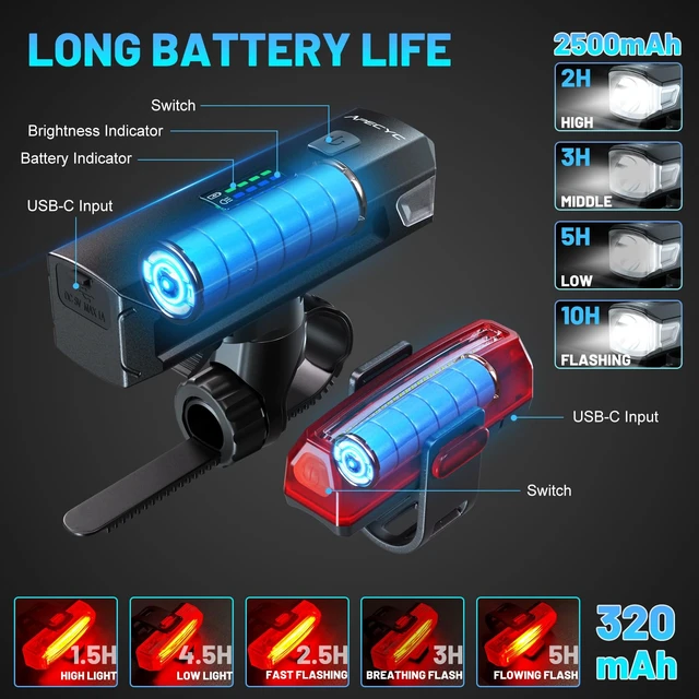 Alt view image 3 of 7 - Bike Lights, Rechargeable Bicycle Light for Night Riding, Bike Front Headlight and Back Taillight with 4+5 Light Modes, Waterproof Bike Light Set for Mountain Road & Commuter Cycling