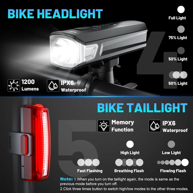 Alt view image 4 of 7 - Bike Lights, Rechargeable Bicycle Light for Night Riding, Bike Front Headlight and Back Taillight with 4+5 Light Modes, Waterproof Bike Light Set for Mountain Road & Commuter Cycling