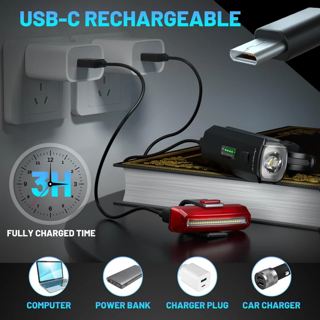 Alt view image 6 of 7 - Bike Lights, Rechargeable Bicycle Light for Night Riding, Bike Front Headlight and Back Taillight with 4+5 Light Modes, Waterproof Bike Light Set for Mountain Road & Commuter Cycling