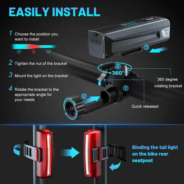 Alt view image 5 of 7 - Bike Lights, Rechargeable Bicycle Light for Night Riding, Bike Front Headlight and Back Taillight with 4+5 Light Modes, Waterproof Bike Light Set for Mountain Road & Commuter Cycling