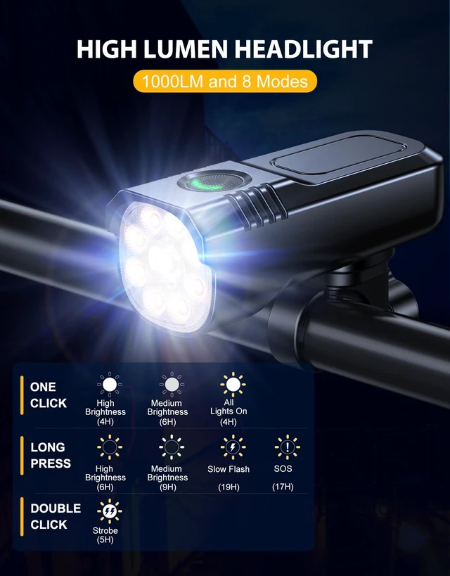 Alt view image 2 of 7 - 1000 Lumens Super Bright Bike Lights for Night Riding, 8+7 Modes Sturdy Aluminum Alloy Bicycle Lights Front and Rear, IP65 Waterproof & Rechargeable 9 LED Bike Headlight for Cycling Electronics