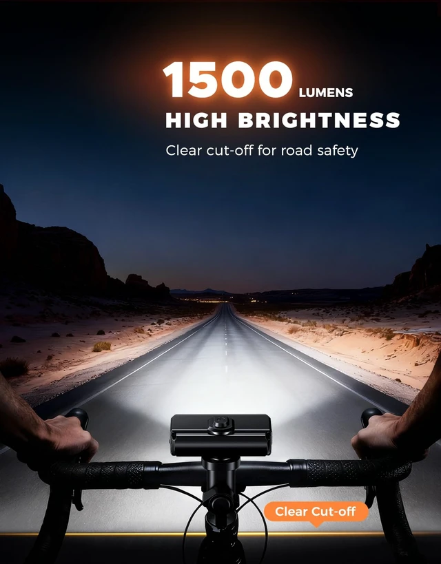 Alt view image 2 of 7 - Bike Lights for Night Riding, 1500 Lumen Super Bright & Wide Beam Bicycle Headlight, 4+5 Modes 2600mAh USB Rechargeable Bike Light Set, IP65 Waterproof Light Bar for Ebike MTB Scooter