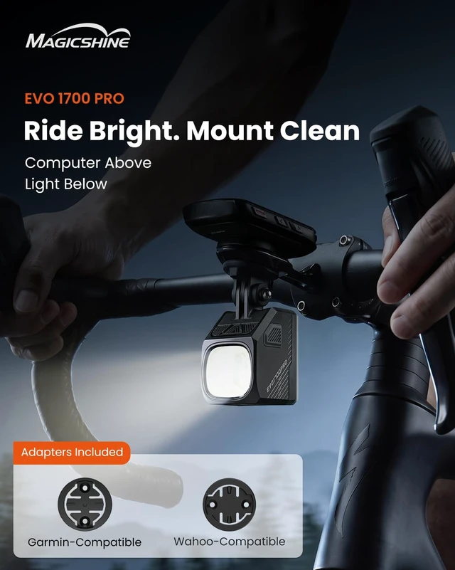 Alt view image 2 of 7 - EVO 1700 PRO 1700-Lumen Front Bike Light, Anti-Glare Beam | Magnetic Quick Mount, Garmin Wahoo Compatible, 205m throw, USB-C, IPX6 waterproof, FTR Remote for Road Gravel MTB & Commuter