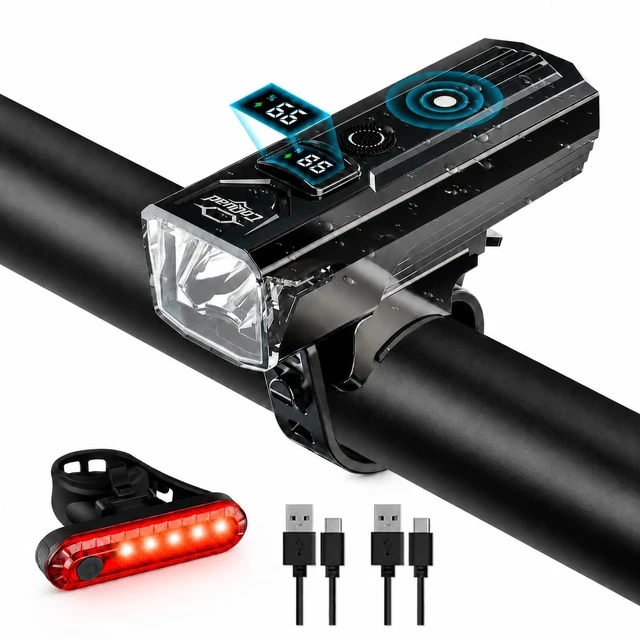 Main image of Bike Light Kit for Front and Rear, IPX6 Waterproof Rechargeable Bicycle Light, LCD Battery Display, 5 Lighting Modes, Auto-On with Manual Control, Perfect for Night, Commute, School, & Outdoor Cycling