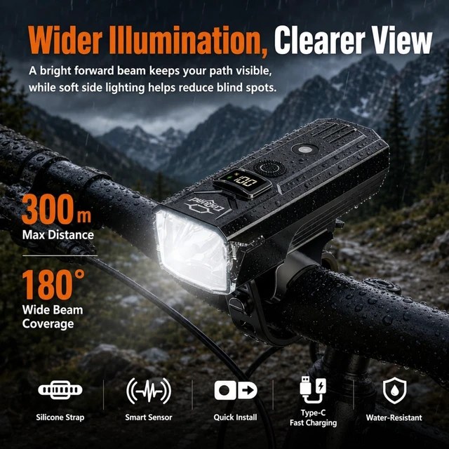 Alt view image 2 of 7 - Bike Light Kit for Front and Rear, IPX6 Waterproof Rechargeable Bicycle Light, LCD Battery Display, 5 Lighting Modes, Auto-On with Manual Control, Perfect for Night, Commute, School, & Outdoor Cycling