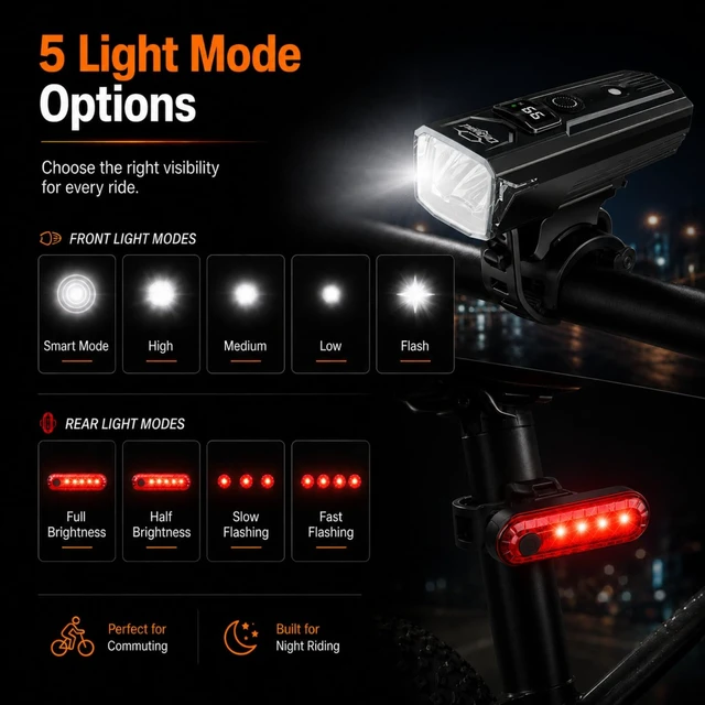 Alt view image 4 of 7 - Bike Light Kit for Front and Rear, IPX6 Waterproof Rechargeable Bicycle Light, LCD Battery Display, 5 Lighting Modes, Auto-On with Manual Control, Perfect for Night, Commute, School, & Outdoor Cycling