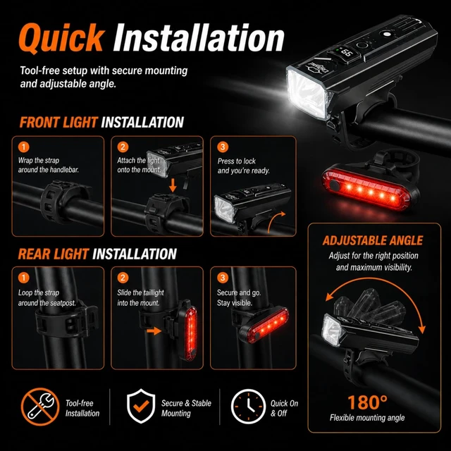 Alt view image 5 of 7 - Bike Light Kit for Front and Rear, IPX6 Waterproof Rechargeable Bicycle Light, LCD Battery Display, 5 Lighting Modes, Auto-On with Manual Control, Perfect for Night, Commute, School, & Outdoor Cycling