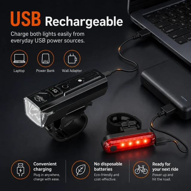 Alt view image 7 of 7 - Bike Light Kit for Front and Rear, IPX6 Waterproof Rechargeable Bicycle Light, LCD Battery Display, 5 Lighting Modes, Auto-On with Manual Control, Perfect for Night, Commute, School, & Outdoor Cycling