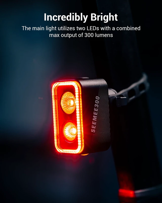 Alt view image 3 of 7 - SEEMEE 300 Bike Taillight,300 Lumen Bike Tail Light,5 Night & Daytime Modes,Smart Brake Sensor IPX6 Waterproof USB-C Rechargeable Rear Bike Light for Night Riding
