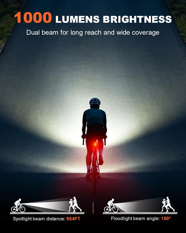 Alt view image 2 of 7 - 1000LM Bike Lights for Night Riding with Spotlight & Floodlight | Smart Indicator, Aluminum Alloy Body Bike Tail Light, 5+6 Modes, IP65 Waterproof Bicycle Lights Front and Rear for Men Women