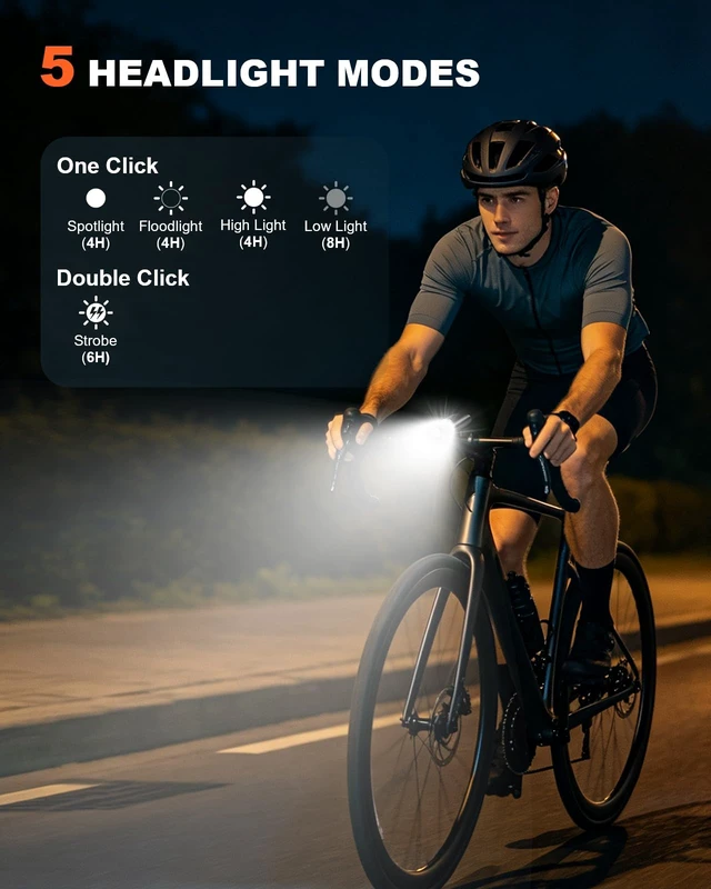 Alt view image 3 of 7 - 1000LM Bike Lights for Night Riding with Spotlight & Floodlight | Smart Indicator, Aluminum Alloy Body Bike Tail Light, 5+6 Modes, IP65 Waterproof Bicycle Lights Front and Rear for Men Women
