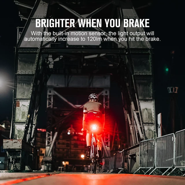 Alt view image 5 of 7 - RN 120 C Bike Tail Lights, 120 Lumens and 260 Degree Visibility, 1500m Viewable Range, Rechargeable Bicycle Break Sensing Taillights, IPX6 Waterproof, Road and Urban Cyclists