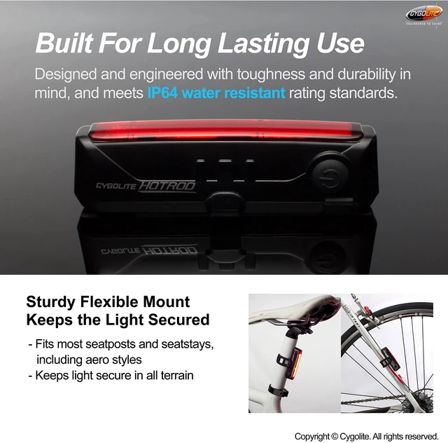 Alt view image 6 of 7 - Hotrod 120 Lumen Bike Tail Light - 7 Night & Daytime Modes Wide Beam COB LEDs IP64 Water Resistant USB RechargeableGreat for Busy Roads, Black, Red, Compact