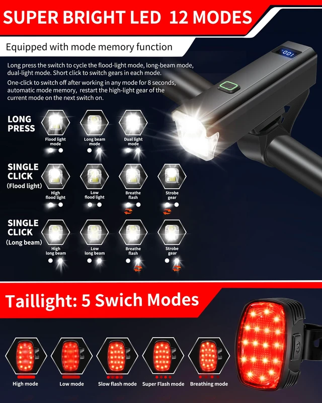 Alt view image 3 of 7 - 6000LM Bike Headlight USB-C Rechargeable, High Lumen Super Bright | Bike Light Set for Night Riding, 12+5 Modes Waterproof Bicycle Lights for Road, Mountain, Cycling