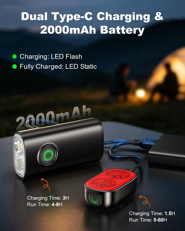 Alt view image 4 of 7 - 1200LM Bike Lights for Night Riding, Spot+Flood Beam, 5+6 Modes | Bicycle Lights Front and Rear, Easy Install, IP65 Waterproof USB-C Rechargeable Ebike Scooter Light for Road Cycling