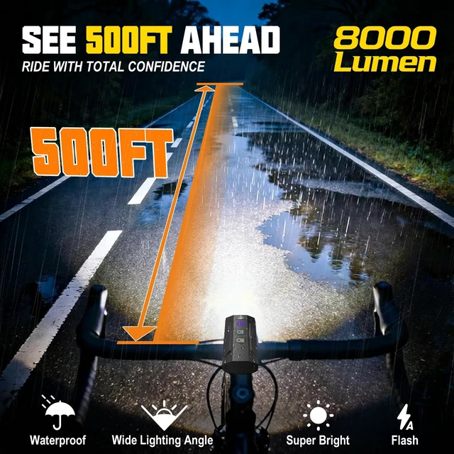 Alt view image 2 of 7 - Bike Lights for Night Riding, 8000 Lumens Headlight & Taillight Set | 5800mAh Rechargeable Super Bright Bike Lights with LCD Power Display, Waterproof, 13 Light Modes for Mountain & Road Bikes
