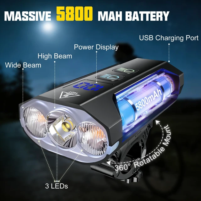 Alt view image 4 of 7 - Bike Lights for Night Riding, 8000 Lumens Headlight & Taillight Set | 5800mAh Rechargeable Super Bright Bike Lights with LCD Power Display, Waterproof, 13 Light Modes for Mountain & Road Bikes
