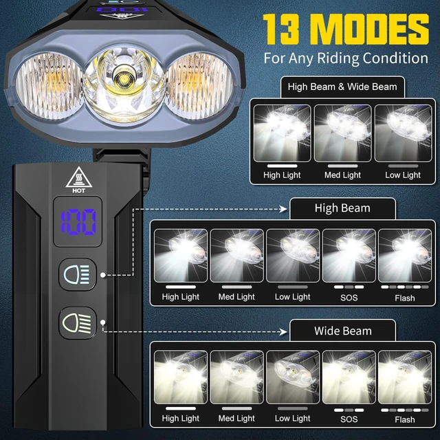 Alt view image 3 of 7 - Bike Lights for Night Riding, 8000 Lumens Headlight & Taillight Set | 5800mAh Rechargeable Super Bright Bike Lights with LCD Power Display, Waterproof, 13 Light Modes for Mountain & Road Bikes