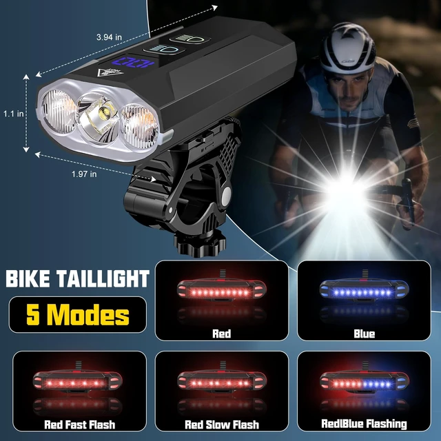 Alt view image 5 of 7 - Bike Lights for Night Riding, 8000 Lumens Headlight & Taillight Set | 5800mAh Rechargeable Super Bright Bike Lights with LCD Power Display, Waterproof, 13 Light Modes for Mountain & Road Bikes