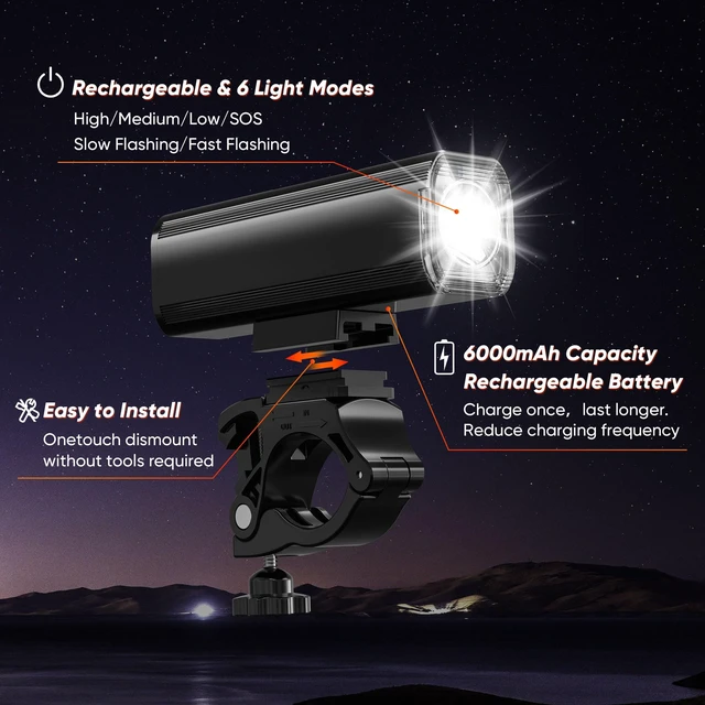 Alt view image 3 of 7 - 2026 New Bike Lights for Night Riding, Aluminum 1200 Lumens Rechargeable 6000mAh Super Bright Bicycle Headlight and Back Taillight, Waterproof LED Display 6+4 Modes Bicycle Lights Sets